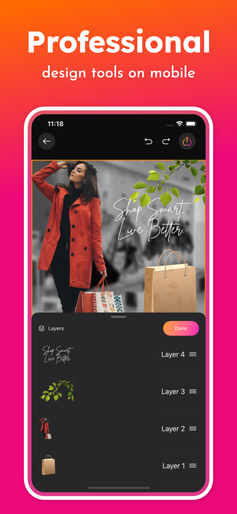 Mobile app interface showing professional design tools with multiple layers for photo editing