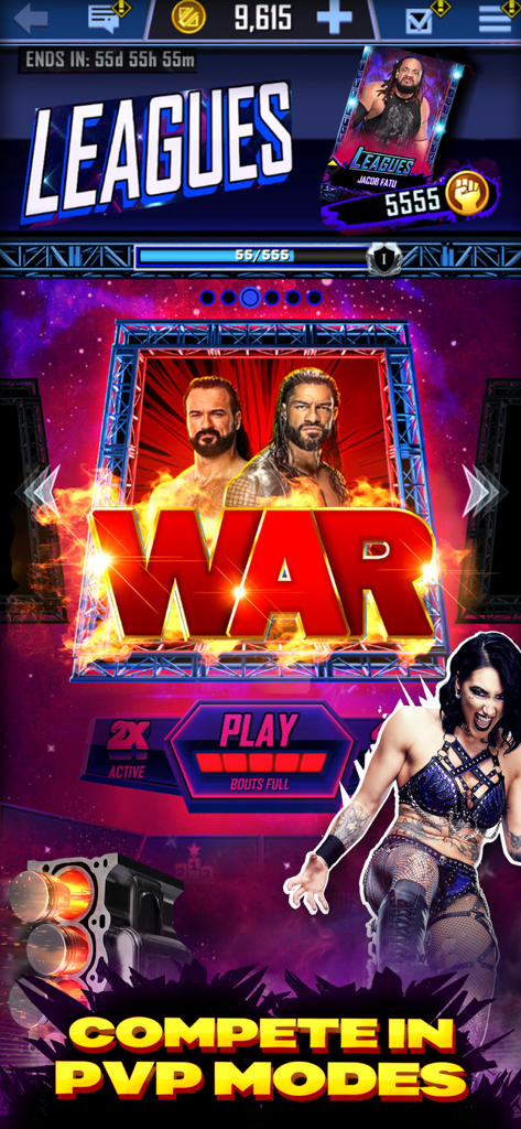 WWE SuperCard - Wrestling Game - Capture d'écran du jeu mobile WWE SuperCard montrant les modes PvP et les ligues avec les superstars du catch Roman Reigns et Rhea Ripley