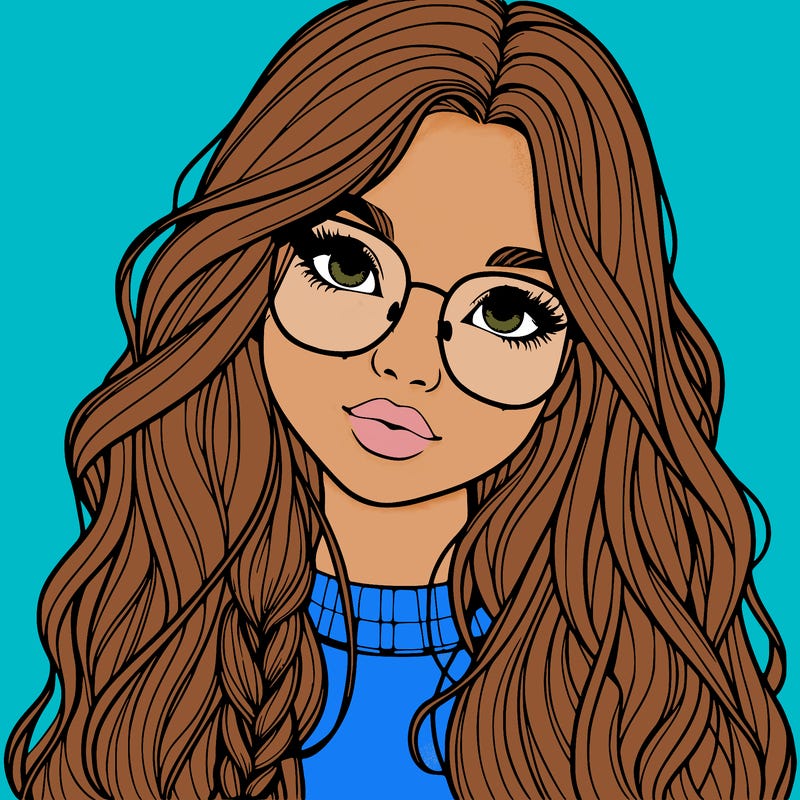 girl with long hair and freckles and glasses realistic