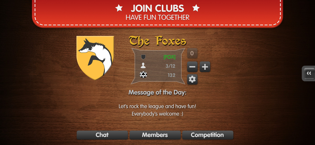 Skat Palace - Skat Palace app screen showing a card game club profile named The Foxes with community features like chat and competitions