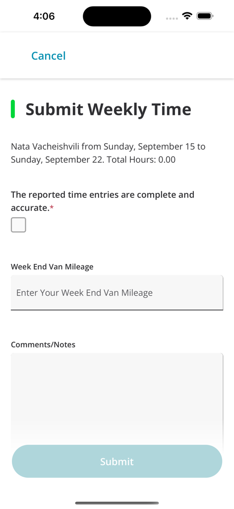 Sage Field Operations - Interface of Sage Field Operations app for submitting weekly work hours and van mileage
