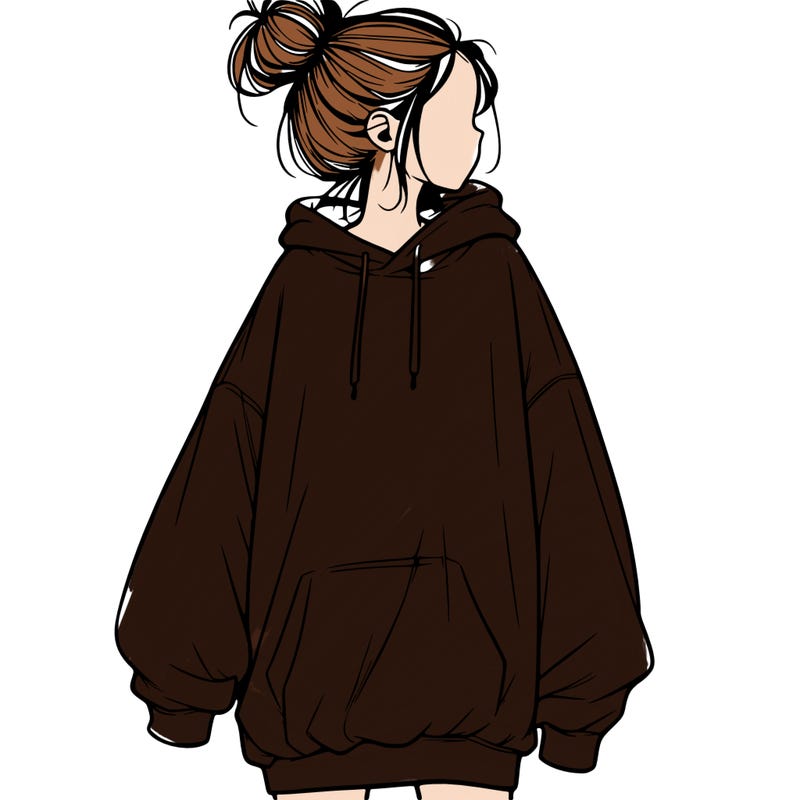 realistic girl with a oversized sweatshirt on and a bun