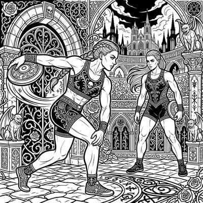 Immerse yourself in a world where athletic prowess meets dark elegance with this unique Gothic Discus Throwers coloring page. Explore intricate details of powerful athletes set against a backdrop of ornate gothic architecture and mystical elements.