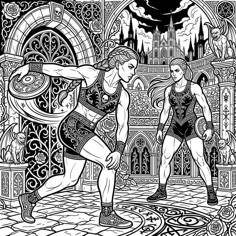 Immerse yourself in a world where athletic prowess meets dark elegance with this unique Gothic Discus Throwers coloring page. Explore intricate details of powerful athletes set against a backdrop of ornate gothic architecture and mystical elements.