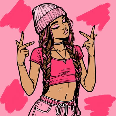 realistic teenage girl with braids and a beanie and crop top doing 🫶🏼