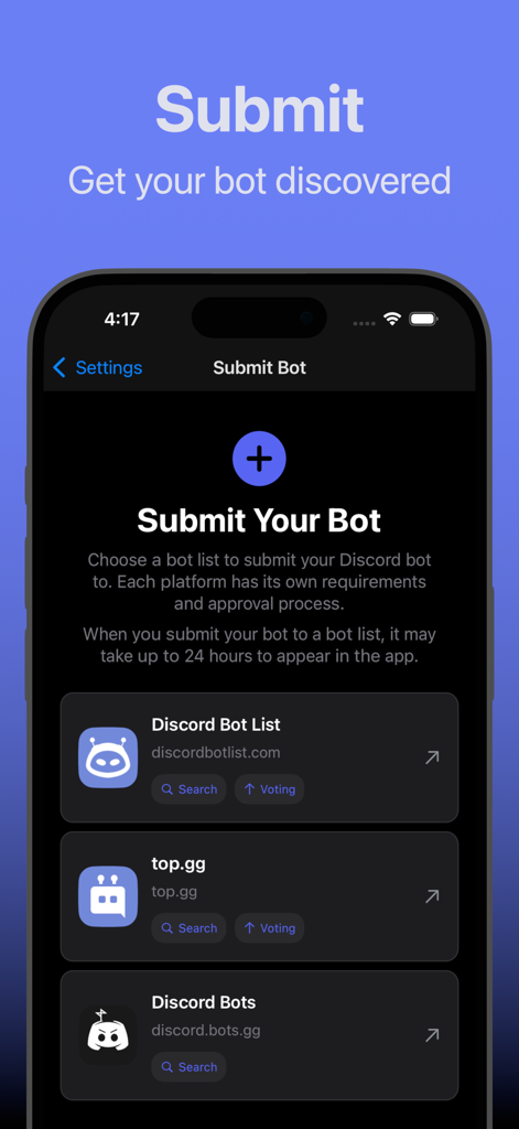 Bots for Discord - Screenshot della pagina Invia Bot dell'app Bot per Discord che mostra vari elenchi della directory dei bot