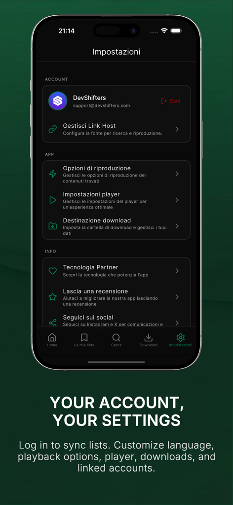 Écran des paramètres de l'application Streaming Community montrant la gestion du compte et les options de lecture
