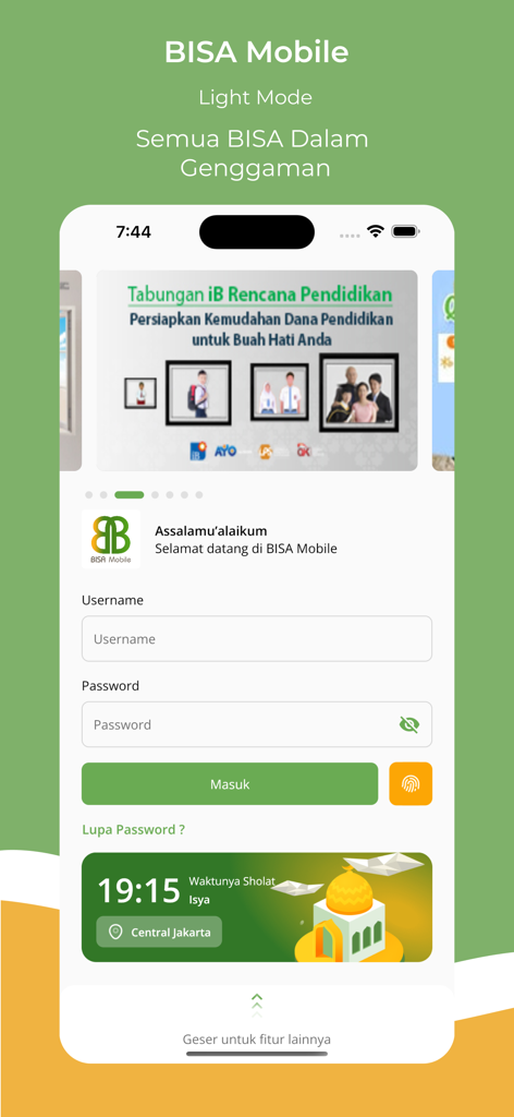 BISA Mobile - Login screen of BISA Mobile app showing username and password fields with a prayer time widget.