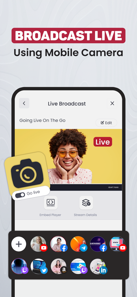 OneStream Live - Interface de l'application OneStream Live pour la diffusion en direct depuis la caméra mobile vers plusieurs plateformes de médias sociaux.