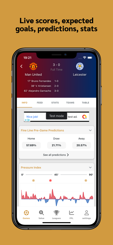 Fine Line - Fine Line app interface showing live football scores and statistical game predictions