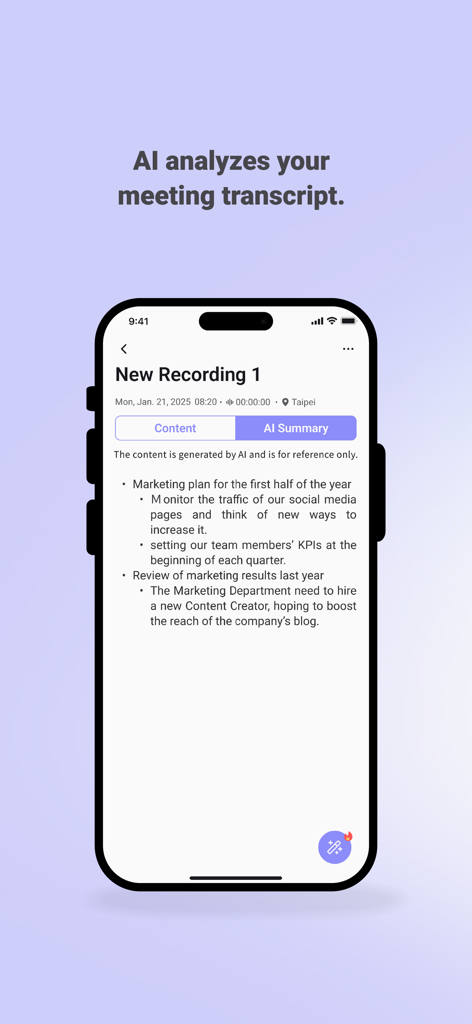 Litok: Record with AI summary - Litok app displaying an AI generated meeting summary on an iPhone.