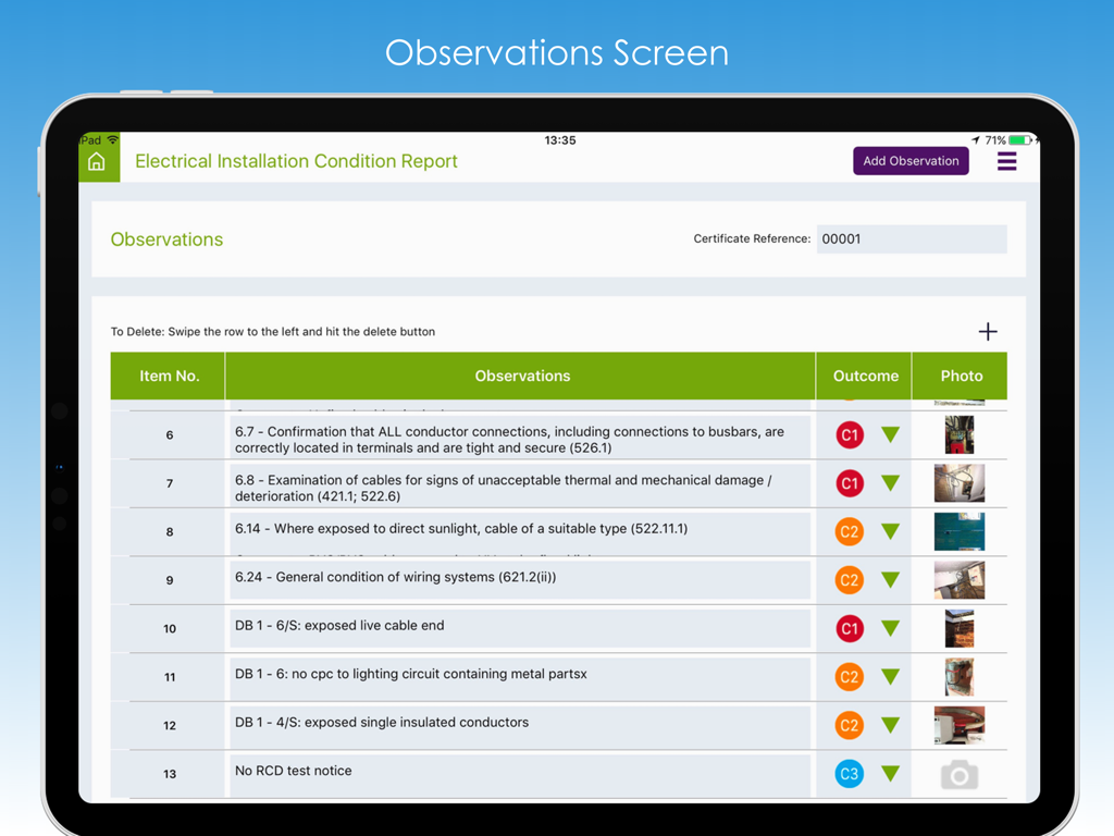 Pro Certs - Observations screen of the Pro Certs app on an iPad showing a list of electrical installation faults with C1 C2 and C3 outcome ratings and attached photos