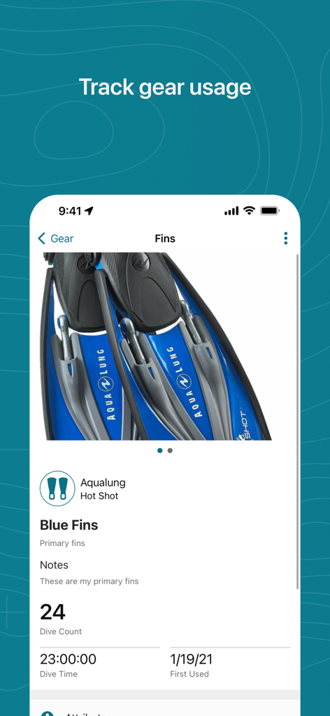 Garmin Dive app screen for tracking scuba gear usage showing statistics for blue diving fins