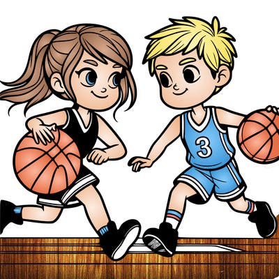 basketball players girl and boy playing