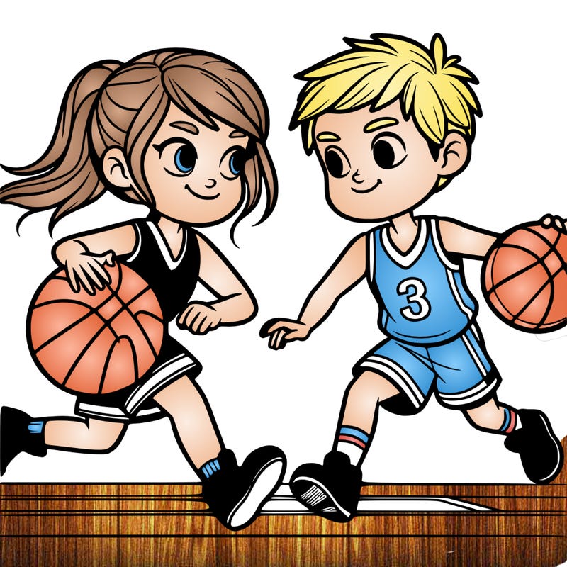 basketball players girl and boy playing