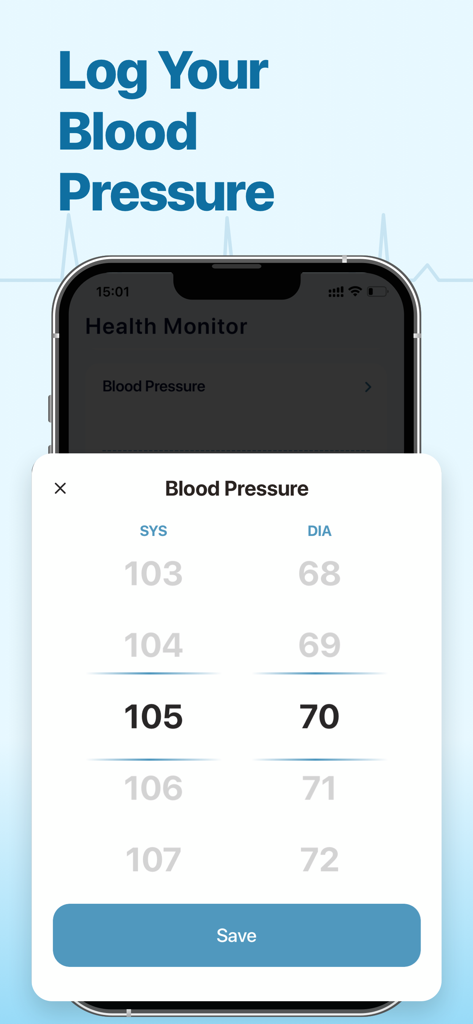Heart Mate: Health Monitor - Heart Mate mobile app interface for logging systolic and diastolic blood pressure readings