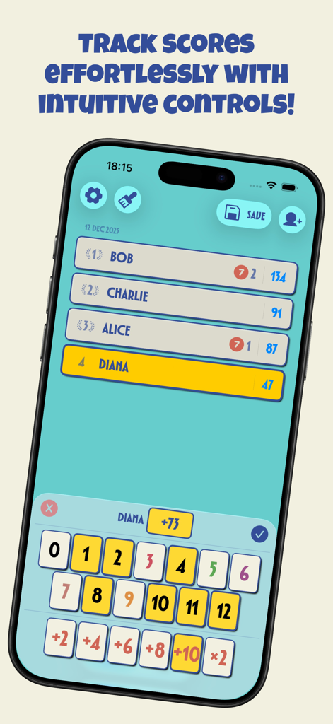 Flip7 Score - Flip7 Score mobile app interface showing a real-time leaderboard and score input controls for players.