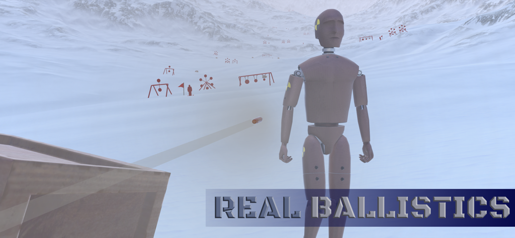 Sniper Range Game - A bullet flying toward a crash test dummy in a snowy sniper range simulation