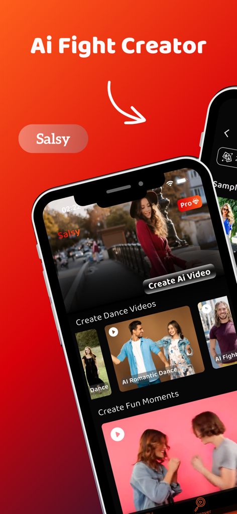 Salsy: AI Fight Video Creator - Salsy mobile app interface showing options to create AI fight and dance videos from photos
