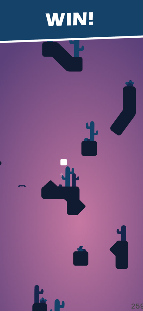 A white square character jumping between dark platforms in Square On Top with a win message displayed