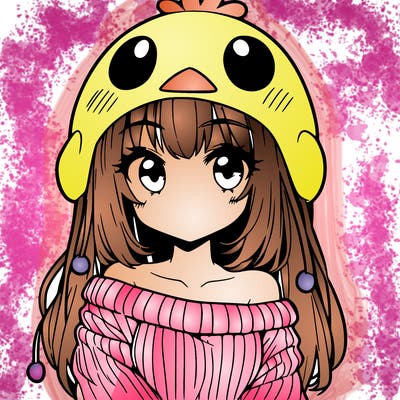 anime girl with chick shaped hat with sweater with bare shoulders with bangs covering them one eye with low tail