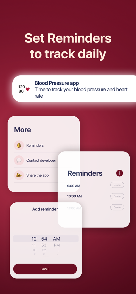 Blood Pressure App: Watch It - Interfaz para configurar recordatorios diarios para monitorear la presión arterial y la frecuencia cardíaca