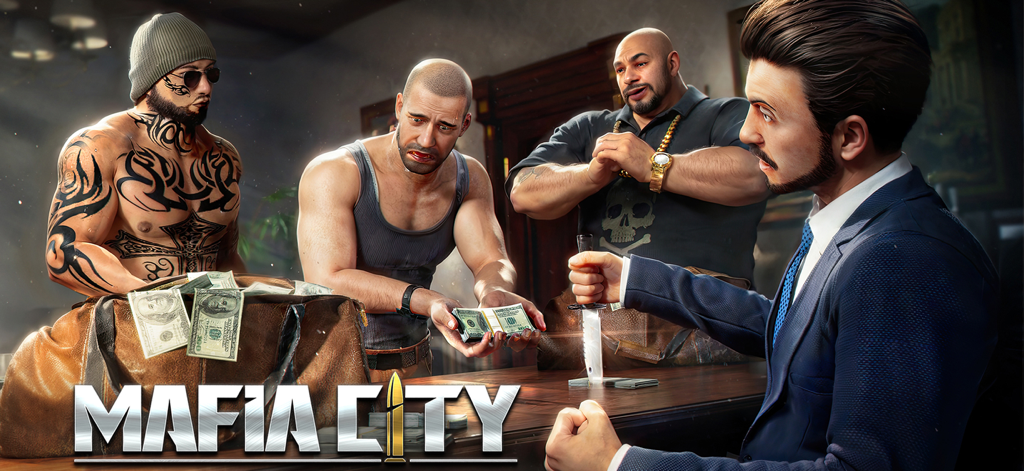 Mafia City: War of Underworld - Jefe de la mafia y su equipo negociando alrededor de una mesa con bolsas de dinero y un cuchillo