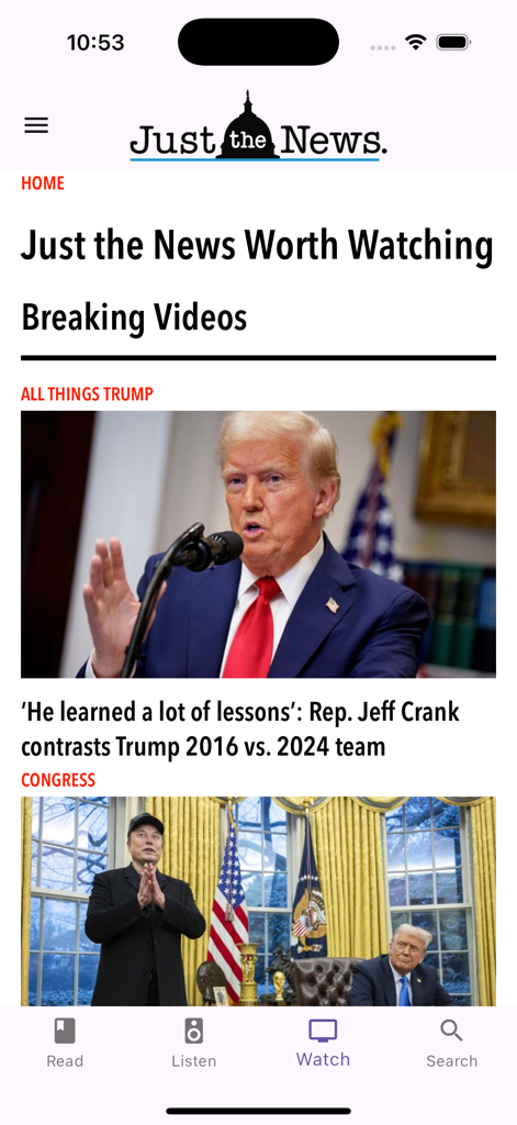Just the News App - Just the News app interface showing breaking news videos and political headlines featuring Donald Trump.