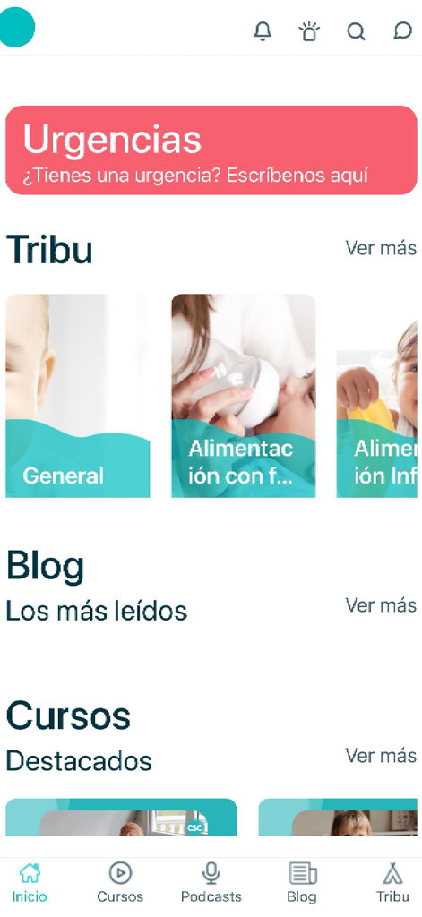 Criar con Sentido Común - Pantalla de inicio de la aplicación Criar con Sentido Común mostrando recursos de crianza, tribu comunitaria y cursos de expertos