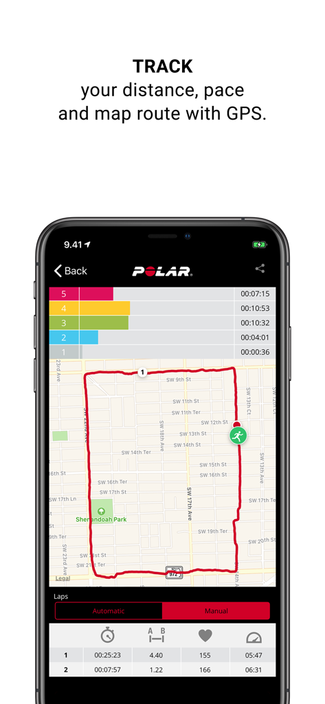 Polar Beat app screen showing a workout route on a map with heart rate zones and lap times