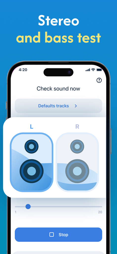 Clear Stereo Sound-Clean Wave - Interface de l'application Clear Stereo Sound montrant la fonction de test stéréo et de basses avec des icônes de haut-parleur