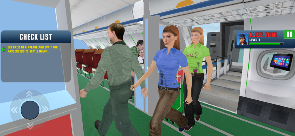 Pilot & Crew: Flight Duties - Gameplay-Screenshot, der Passagiere beim Einsteigen in ein Flugzeug mit einer Checkliste und einem Charakterprofil zeigt.