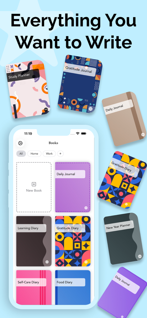 My Diary - Journal & Notes - デイリージャーナルや感謝ジャーナルなどのカテゴリを含む、My Diaryアプリのカラフルなデジタルノートブックカバーのコレクション