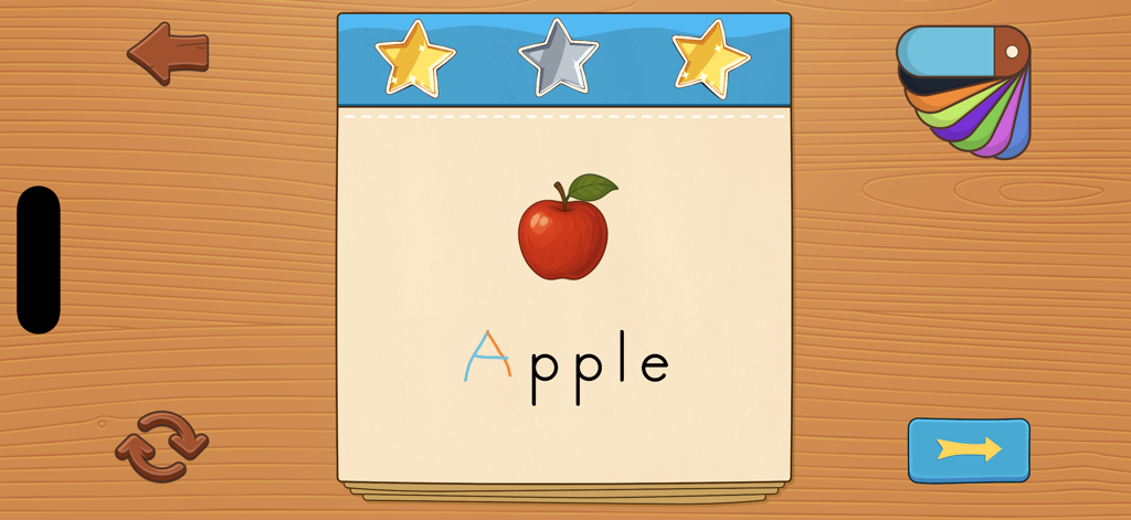 iTrace for Schools - Interface de prática de escrita no iTrace para Escolas mostrando a palavra Maçã e uma ilustração de maçã vermelha.