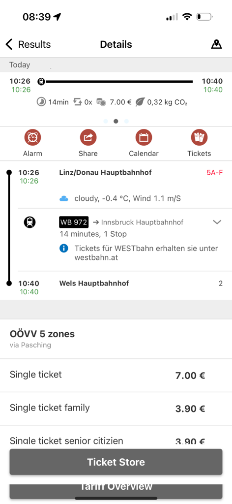 OÖVV Routenplaner - Oovv Routenplaner app showing trip details from Linz to Wels with travel time and ticket prices