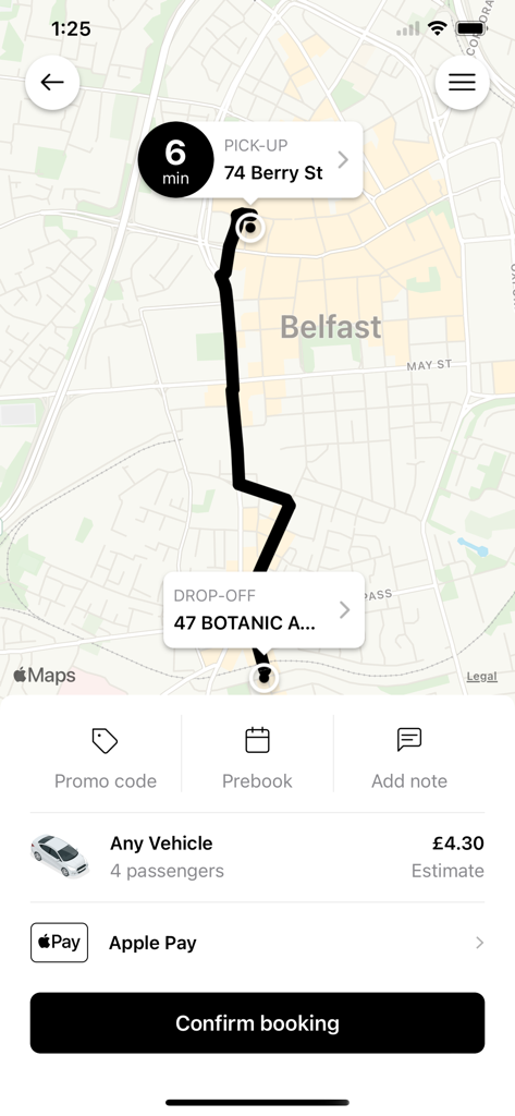 Interface of the fonaCAB Belfast app showing a taxi route map and price estimate
