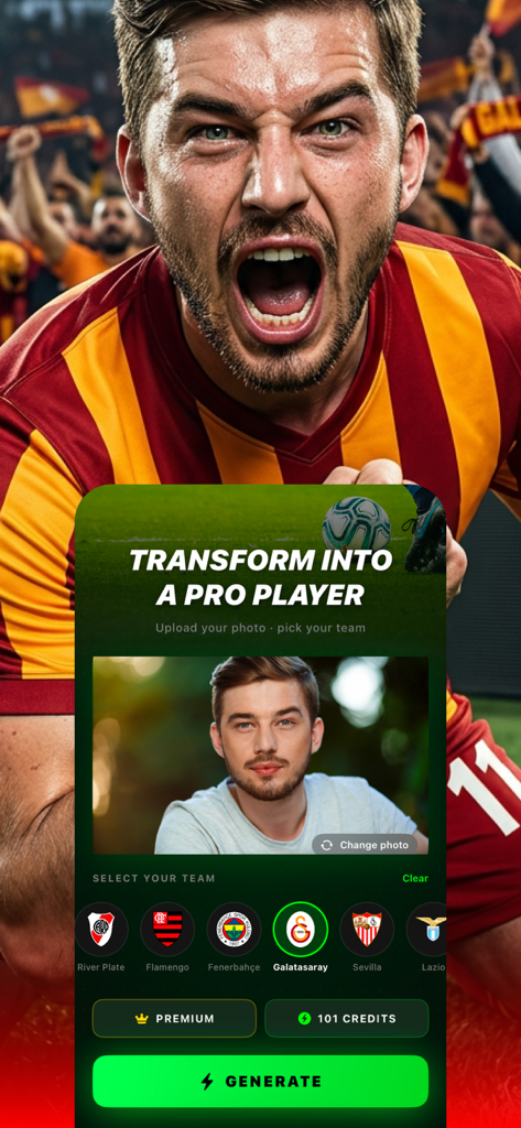 Football Player Filter: Footty - Footty app interface showing the option to transform a selfie into a professional football player with various team kits