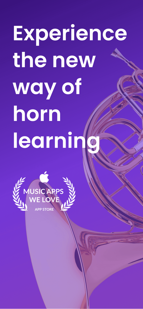 Promotional screen for the tonestro French horn learning app with a horn graphic and App Store award badge
