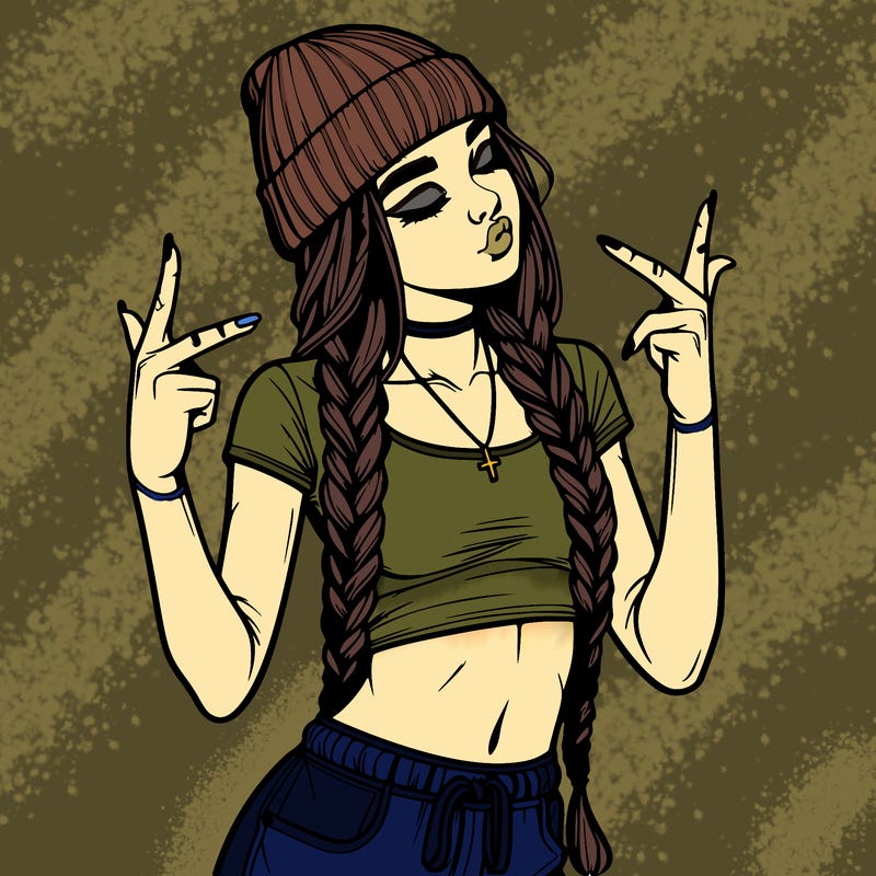 realistic teenage girl with braids and a beanie and crop top doing 🫶🏼