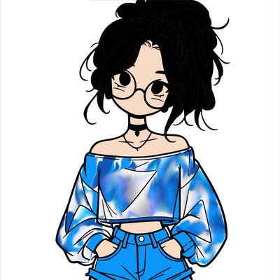 girl with a messy ponytail glasses a baggy crop top and jean shorts