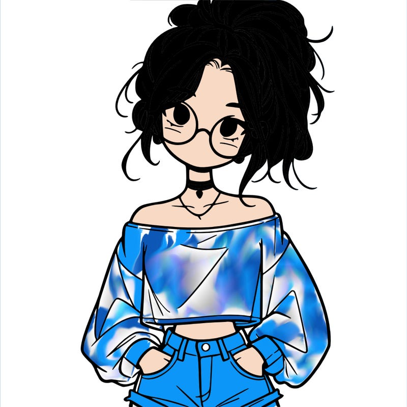 girl with a messy ponytail glasses a baggy crop top and jean shorts