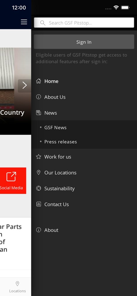 GSF Pitstop - Menú de navegación lateral de la aplicación GSF Pitstop que muestra enlaces para noticias, carreras y ubicaciones