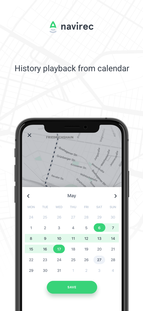 Navirec - Navirec app screenshot showing fleet history playback selection from a calendar view