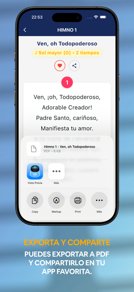 Himnario Digital IMPCH - Screen showing the export and share menu for a hymn as a PDF in the Himnario Digital IMPCH app