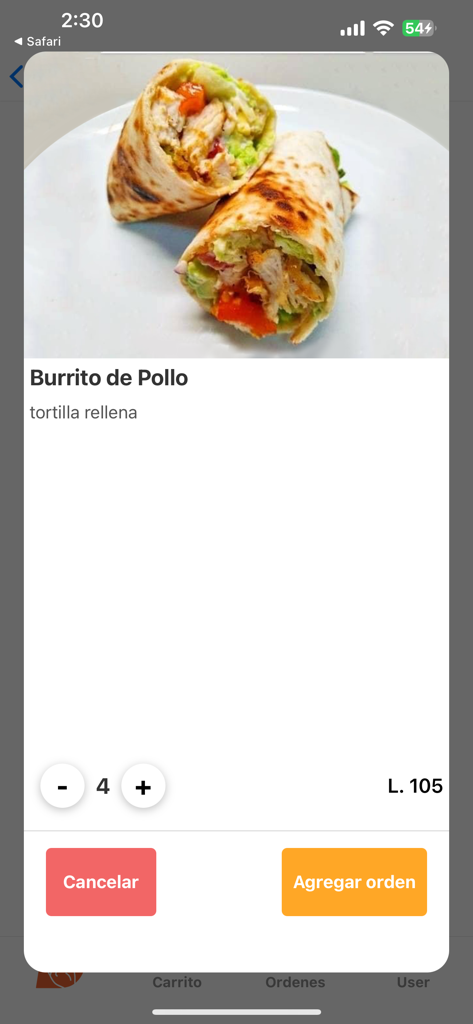 Deuna Go - Tela do aplicativo Deuna Go mostrando um burrito de frango com um botão para adicionar ao pedido