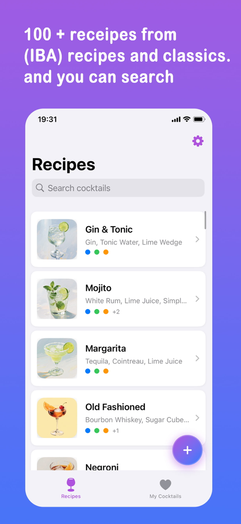 Cocktails Recipes Drink Create - Mobile app screen showing a searchable list of cocktail recipes including Gin and Tonic, Mojito, and Margarita.