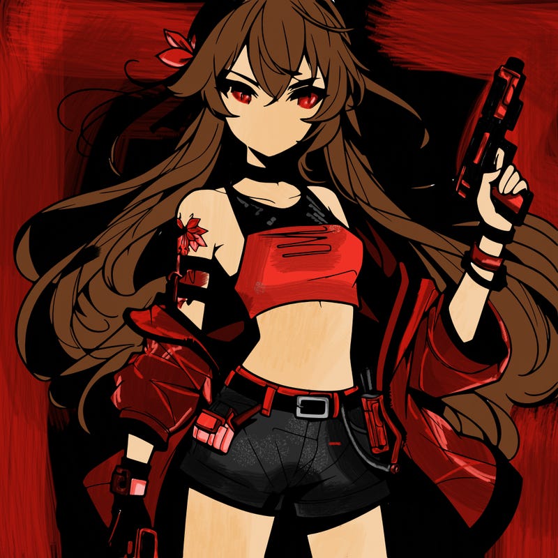 bad girl wearing crop top holding a gun long hair anime