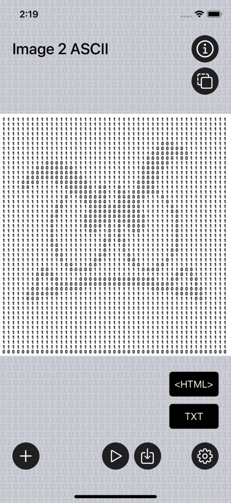 La aplicación Imagen a Arte ASCII muestra un círculo renderizado en texto binario con opciones de exportación HTML y TXT.