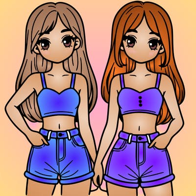two sisters with crop tops and jean shorts and straight hair