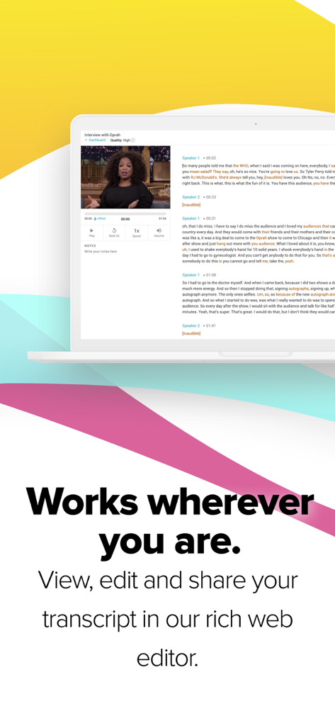 Un écran d'ordinateur portable affichant l'éditeur web riche de Temi pour visualiser et modifier les transcriptions d'entretiens.